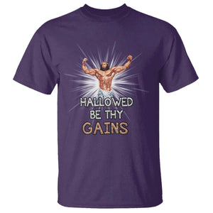 Hallowed Be Thy Gains T Shirt Funny Jesus Workout Motivation Bodybuilding Fitness TS02 Purple Print Your Wear