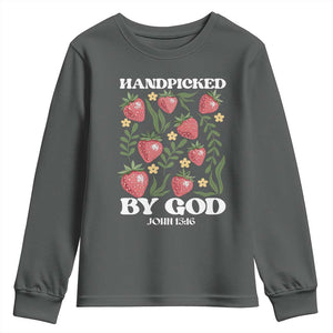 Handpicked By God Youth Sweatshirt Religious Christian Bible Verse Strawberries TS11 Dark Heather Print Your Wear