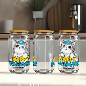 Happy Passover Cute Cat Glass Can Seder Jewish Pesach TS02 Print Your Wear
