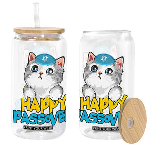 Happy Passover Cute Cat Glass Can Seder Jewish Pesach TS02 Black Print Your Wear