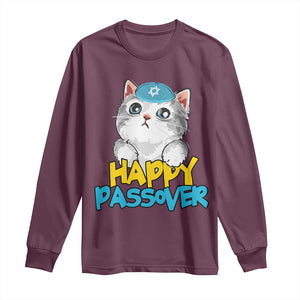 Happy Passover Cute Cat Long Sleeve Shirt Seder Jewish Pesach TS02 Maroon Print Your Wear