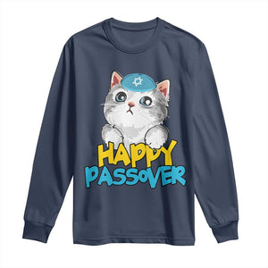 Happy Passover Cute Cat Long Sleeve Shirt Seder Jewish Pesach TS02 Navy Print Your Wear