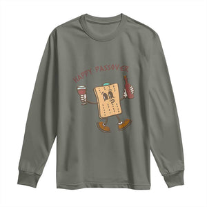 Happy Passover Matzah Drinking Long Sleeve Shirt Wine and Matzo Matzatarian Funny Pesach Jewish TS02 Military Green Print Your Wear