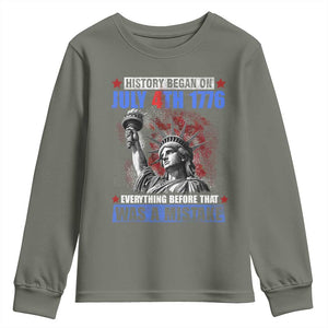 History Began July 4th 1776 Youth Sweatshirt Bold Patriotic Statement Statue of Liberty TS02 Military Green Print Your Wear