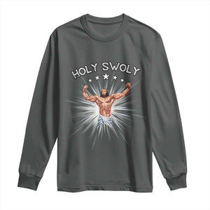 Holy Swoly Long Sleeve Shirt Funny Jesus Workout Motivation Bodybuilding Fitness TS02 Dark Heather Print Your Wear
