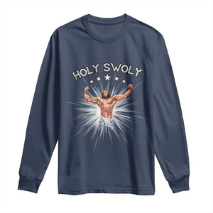 Holy Swoly Long Sleeve Shirt Funny Jesus Workout Motivation Bodybuilding Fitness TS02 Navy Print Your Wear