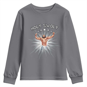 Holy Swoly Youth Sweatshirt Funny Jesus Workout Motivation Bodybuilding Fitness TS02 Charcoal Print Your Wear