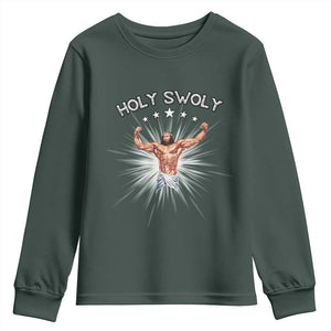 Holy Swoly Youth Sweatshirt Funny Jesus Workout Motivation Bodybuilding Fitness TS02 Dark Forest Green Print Your Wear