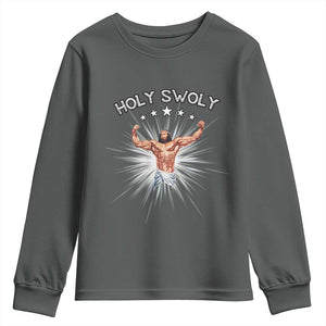 Holy Swoly Youth Sweatshirt Funny Jesus Workout Motivation Bodybuilding Fitness TS02 Dark Heather Print Your Wear