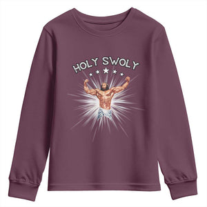 Holy Swoly Youth Sweatshirt Funny Jesus Workout Motivation Bodybuilding Fitness TS02 Maroon Print Your Wear