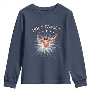 Holy Swoly Youth Sweatshirt Funny Jesus Workout Motivation Bodybuilding Fitness TS02 Navy Print Your Wear