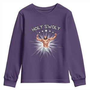 Holy Swoly Youth Sweatshirt Funny Jesus Workout Motivation Bodybuilding Fitness TS02 Purple Print Your Wear