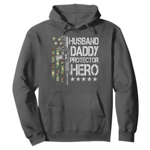 Husband Daddy Protector Hero Hoodie Dad Guns Fathers Day Camo American Flag TS10 Dark Heather Print Your Wear