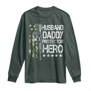 Husband Daddy Protector Hero Long Sleeve Shirt Dad Guns Fathers Day Camo American Flag TS10 Dark Forest Green Print Your Wear