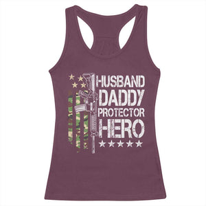 Husband Daddy Protector Hero Racerback Tank Top Dad Guns Fathers Day Camo American Flag TS10 Maroon Print Your Wear