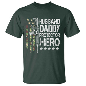 Husband Daddy Protector Hero T Shirt Dad Guns Fathers Day Camo American Flag TS10 Dark Forest Green Print Your Wear
