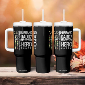 Husband Daddy Protector Hero Tumbler With Handle Dad Guns Fathers Day Camo American Flag TS10 Print Your Wear