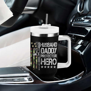 Husband Daddy Protector Hero Tumbler With Handle Dad Guns Fathers Day Camo American Flag TS10 Print Your Wear
