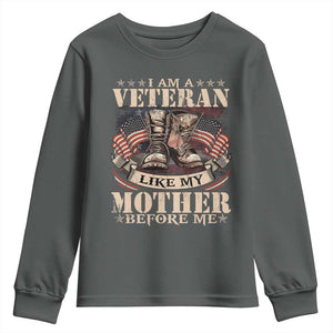 I Am A Veteran Like My Mother Before Me Youth Sweatshirt Vintage American Flag TS11 Dark Heather Print Your Wear