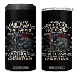 I Stand For Our Flag I Kneel For The Cross Proud Christian Veteran 4 in 1 Can Cooler Tumbler TS11 One Size: 16 oz Black Print Your Wear