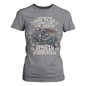 I Stand For Our Flag I Kneel For The Cross Proud Christian Veteran T Shirt For Women TS11 Charcoal Print Your Wear