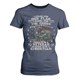 I Stand For Our Flag I Kneel For The Cross Proud Christian Veteran T Shirt For Women TS11 Navy Print Your Wear