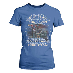 I Stand For Our Flag I Kneel For The Cross Proud Christian Veteran T Shirt For Women TS11 Royal Blue Print Your Wear