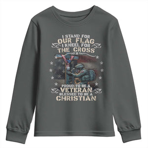 I Stand For Our Flag I Kneel For The Cross Proud Christian Veteran Youth Sweatshirt TS11 Dark Heather Print Your Wear