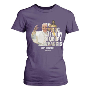 In Loving Memory of Pope Francis T Shirt For Women Viva il Papa 1936-2025 TS02 Purple Print Your Wear