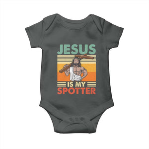 Jesus Is My Spotter Baby Onesie Funny Gym Christian Fitness TS02 Dark Heather Print Your Wear