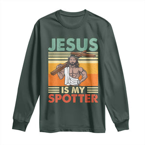 Jesus Is My Spotter Long Sleeve Shirt Funny Gym Christian Fitness TS02 Dark Forest Green Print Your Wear