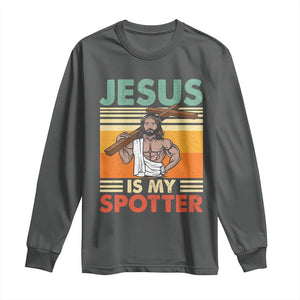 Jesus Is My Spotter Long Sleeve Shirt Funny Gym Christian Fitness TS02 Dark Heather Print Your Wear