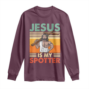 Jesus Is My Spotter Long Sleeve Shirt Funny Gym Christian Fitness TS02 Maroon Print Your Wear