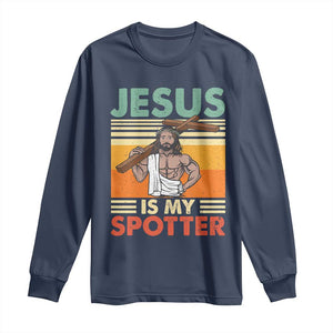 Jesus Is My Spotter Long Sleeve Shirt Funny Gym Christian Fitness TS02 Navy Print Your Wear