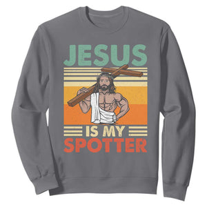 Jesus Is My Spotter Sweatshirt Funny Gym Christian Fitness TS02 Charcoal Print Your Wear