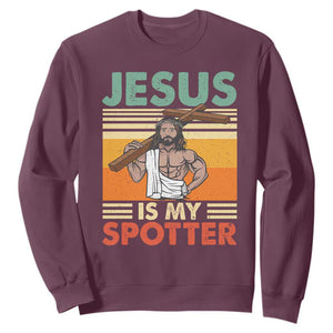 Jesus Is My Spotter Sweatshirt Funny Gym Christian Fitness TS02 Maroon Print Your Wear