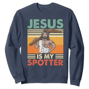 Jesus Is My Spotter Sweatshirt Funny Gym Christian Fitness TS02 Navy Print Your Wear