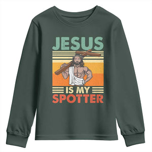 Jesus Is My Spotter Youth Sweatshirt Funny Gym Christian Fitness TS02 Dark Forest Green Print Your Wear