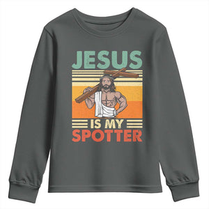 Jesus Is My Spotter Youth Sweatshirt Funny Gym Christian Fitness TS02 Dark Heather Print Your Wear
