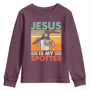 Jesus Is My Spotter Youth Sweatshirt Funny Gym Christian Fitness TS02 Maroon Print Your Wear