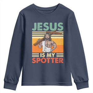 Jesus Is My Spotter Youth Sweatshirt Funny Gym Christian Fitness TS02 Navy Print Your Wear