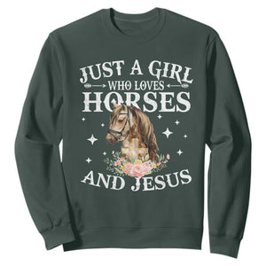 Just A Girl Who Loves Horses And Jesus Sweatshirt Christian Girls Horse TS11 Dark Forest Green Print Your Wear