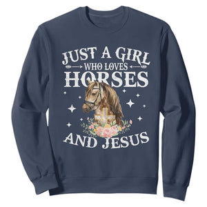 Just A Girl Who Loves Horses And Jesus Sweatshirt Christian Girls Horse TS11 Navy Print Your Wear
