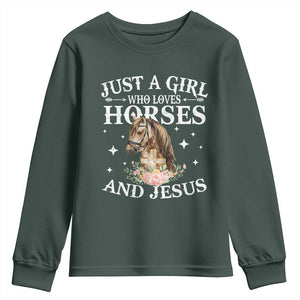 Just A Girl Who Loves Horses And Jesus Youth Sweatshirt Christian Girls Horse TS11 Dark Forest Green Print Your Wear
