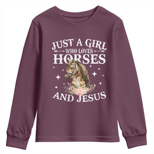 Just A Girl Who Loves Horses And Jesus Youth Sweatshirt Christian Girls Horse TS11 Maroon Print Your Wear