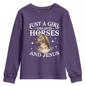 Just A Girl Who Loves Horses And Jesus Youth Sweatshirt Christian Girls Horse TS11 Purple Print Your Wear