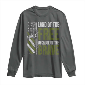 Land of the Free Because of the Brave Long Sleeve Shirt Gun American Flag TS10 Dark Heather Print Your Wear
