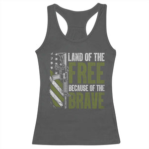 Land of the Free Because of the Brave Racerback Tank Top Gun American Flag TS10 Dark Heather Print Your Wear