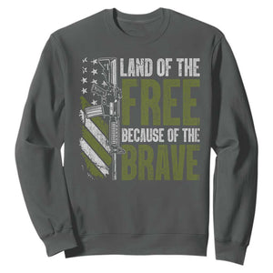 Land of the Free Because of the Brave Sweatshirt Gun American Flag TS10 Dark Heather Print Your Wear