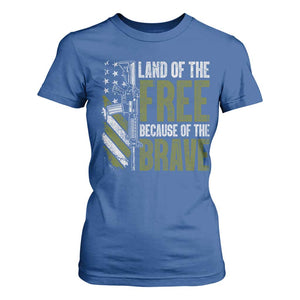 Land of the Free Because of the Brave T Shirt For Women Gun American Flag TS10 Royal Blue Print Your Wear
